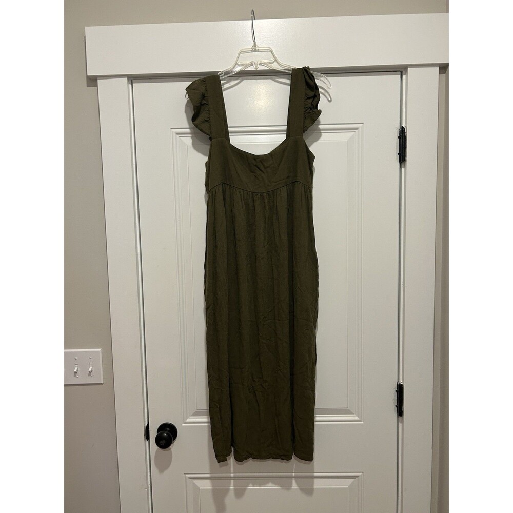 Women’s Olive Green Midi dress Sz Medium pockets Prairie Cottagecore Boho Ruffle